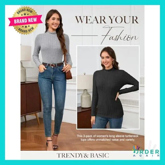 Mock Turtleneck Sweaters Ribbed Knit Slim Fit Thermal Pullover 3 Pack